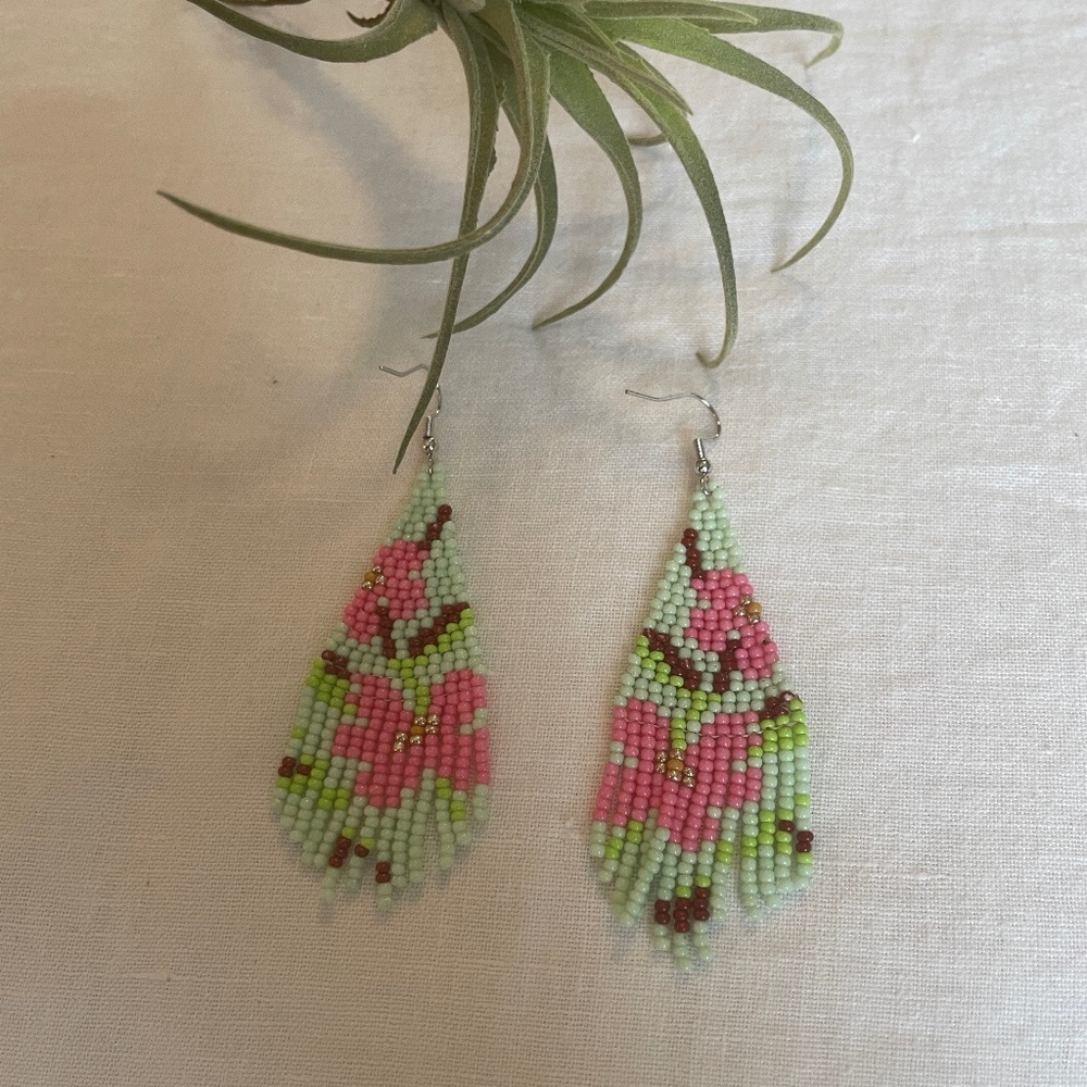🌟Buy 2 Pairs, Get One Free, NWT Green & Pink Boho-Style Beaded Tassel Earrings